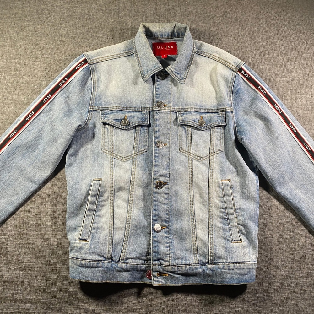 Guess Denim Jacket Light Wash Logo Tape Trucker Style Women's Size S